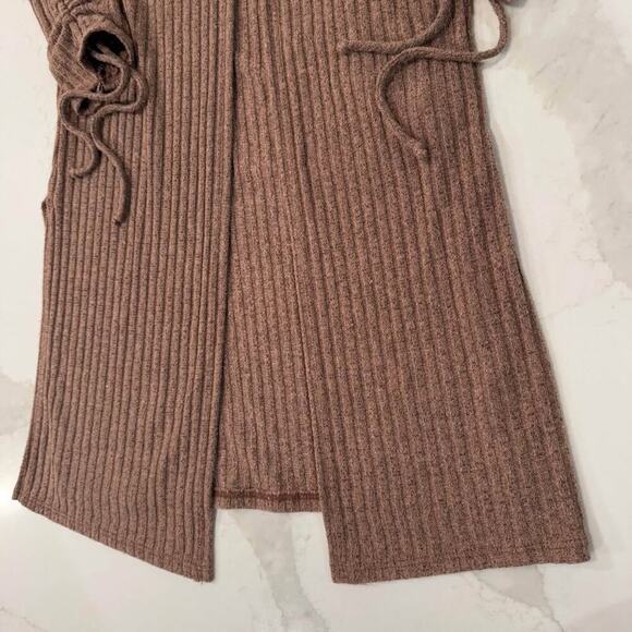 Daytrip Ribbed Flyaway Long Duster Cardigan Sweater Brown Women XS Ruched Sleeve - Picture 2 of 7